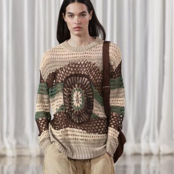 NWT BEIGE GREEN MULTICOLOR BEADED CROCHET OVERSIZED KNIT SWEATER LIMITED EDITION - Picture 4 of 10